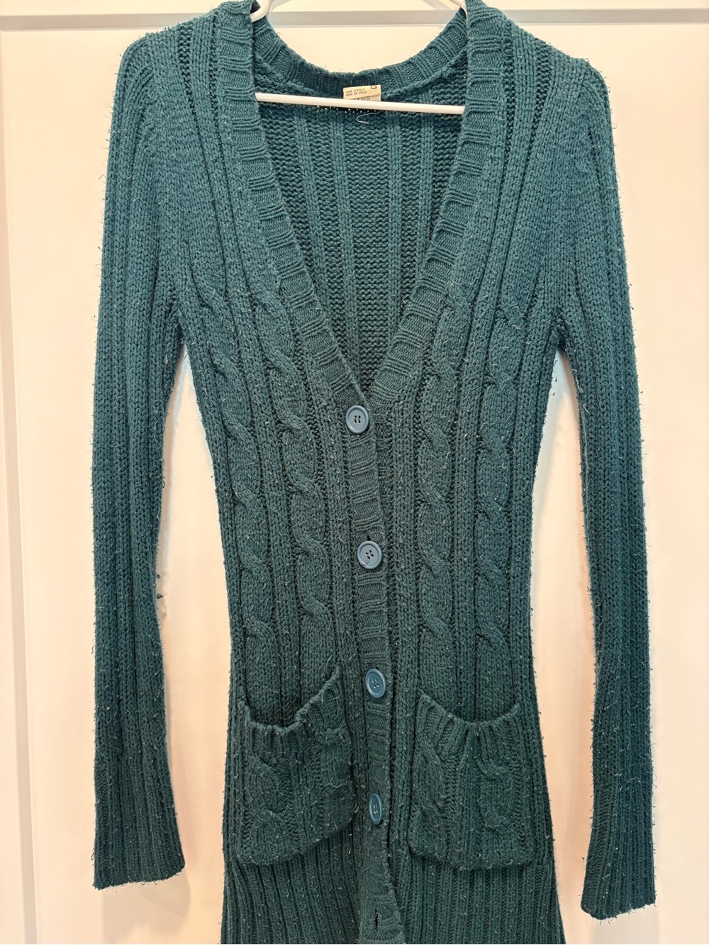 Essentials Teal Cable Knit Button-Front Long Cardigan